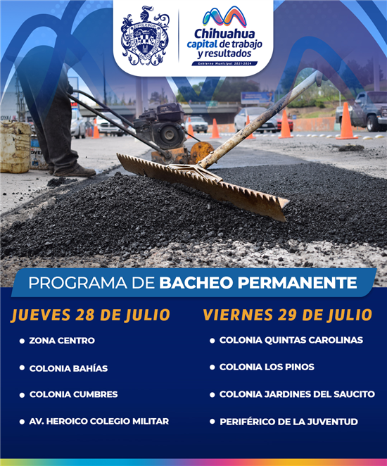 Ubica las calles que se bachearán este jueves 28 y viernes 29 de julio